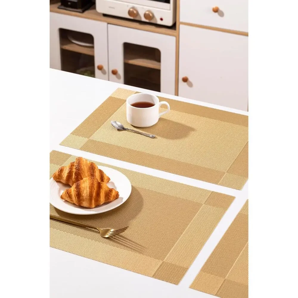 Gold Woven Placemats Set of 6 Vinyl Heat Resistant PVC Washable Table Mats 12x17
